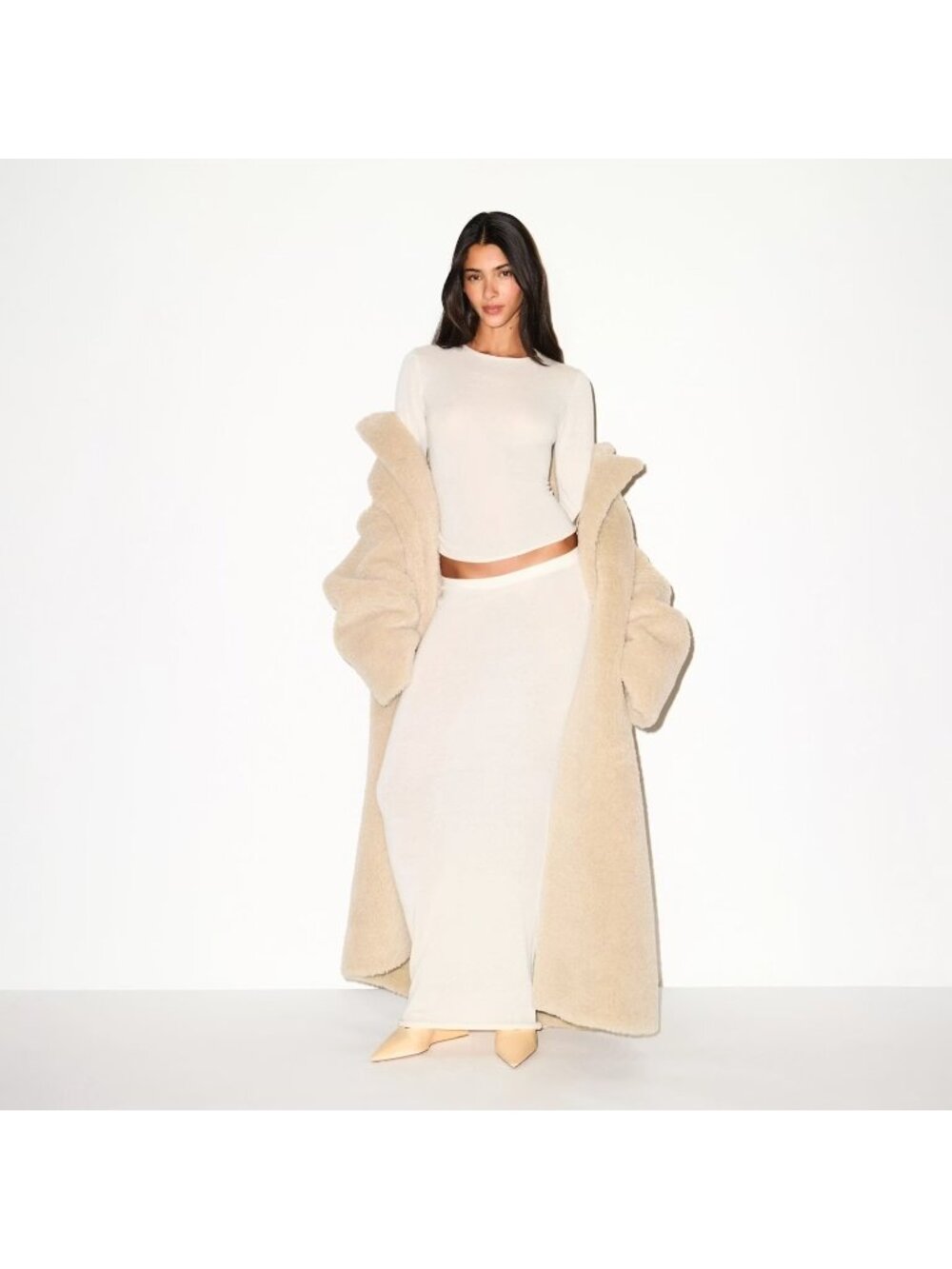 $448 NEW SKIMS FAUX FUR OVERSIZED LONG COAT CHAMPAGNE XXS/XS